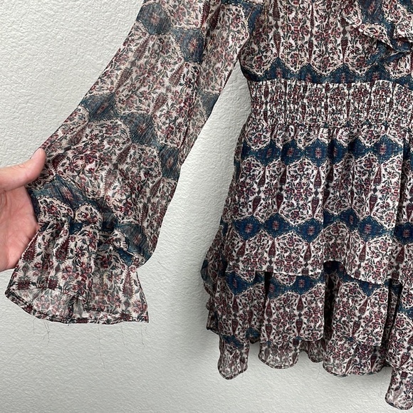 Zara V Neck Ruffle Trim Mini Dress Rust Geo Paisley Boho Cottagecore Sz S - Picture 5 of 14